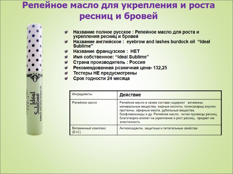 Репейное масло для укрепления и роста ресниц и бровей  Название полное русское :